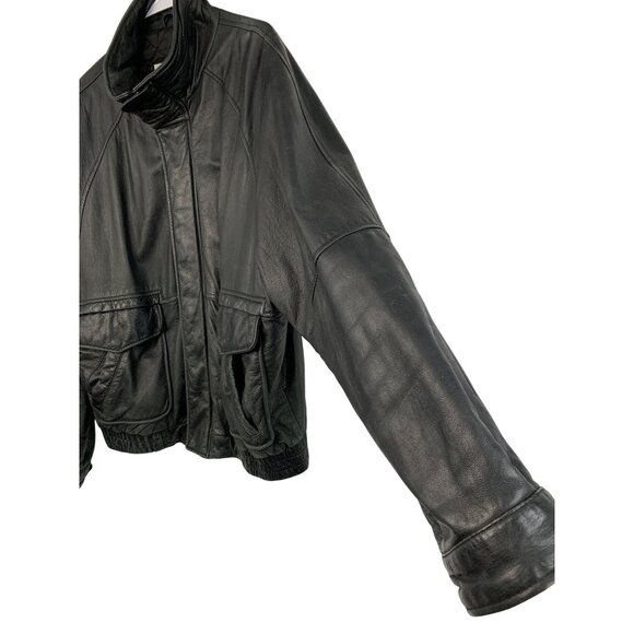 London Fog XL Black Leather Bomber Jacket Quilted Lining Multiple Pockets 8756 - Picture 11 of 12